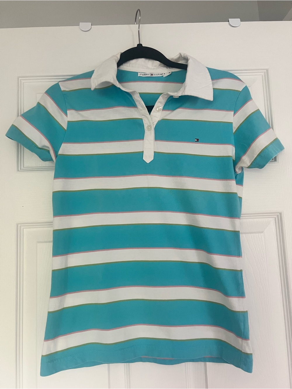 Tommy Hilfiger Women’s Striped Polo Shirt in Teal and White